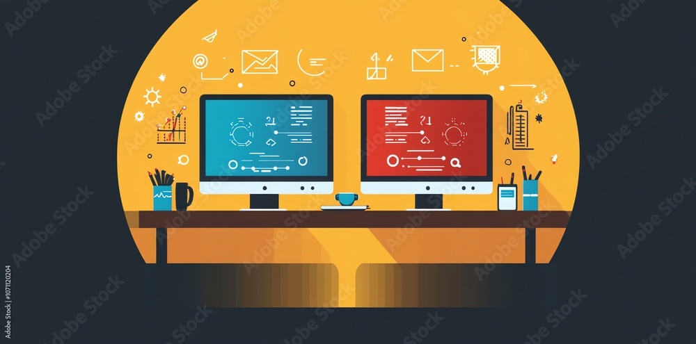 Poster Two computers with blue and red screens on a desk.