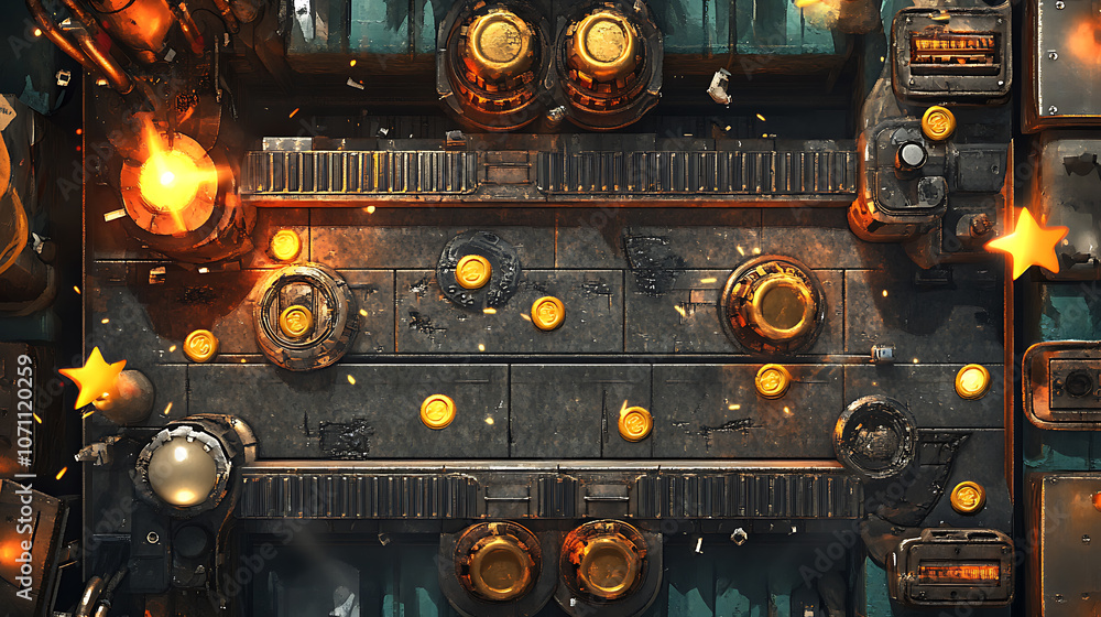 Poster A retro arcade game level map interface with underground factory elements, featuring traps, steel platforms, coins, and golden stars, designed for a console or computer game
