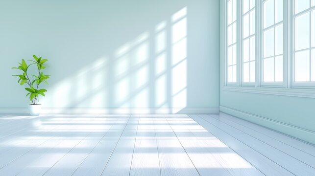 An empty room with bare walls and floors, sunlight streaming through the windows, suggesting a vacant property available for rent.