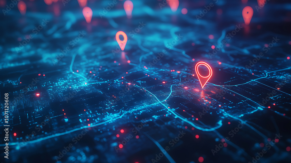 Fototapete abstract digital map with glowing location pins on a blue background, an ai and technology concept