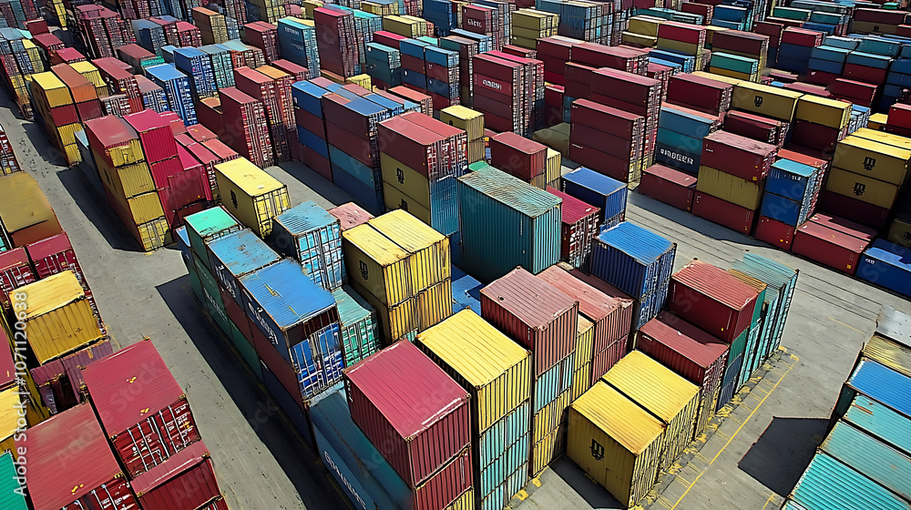 Poster Aerial view of cargo containers stacked at the port, showcasing the complexity and scale of global trade