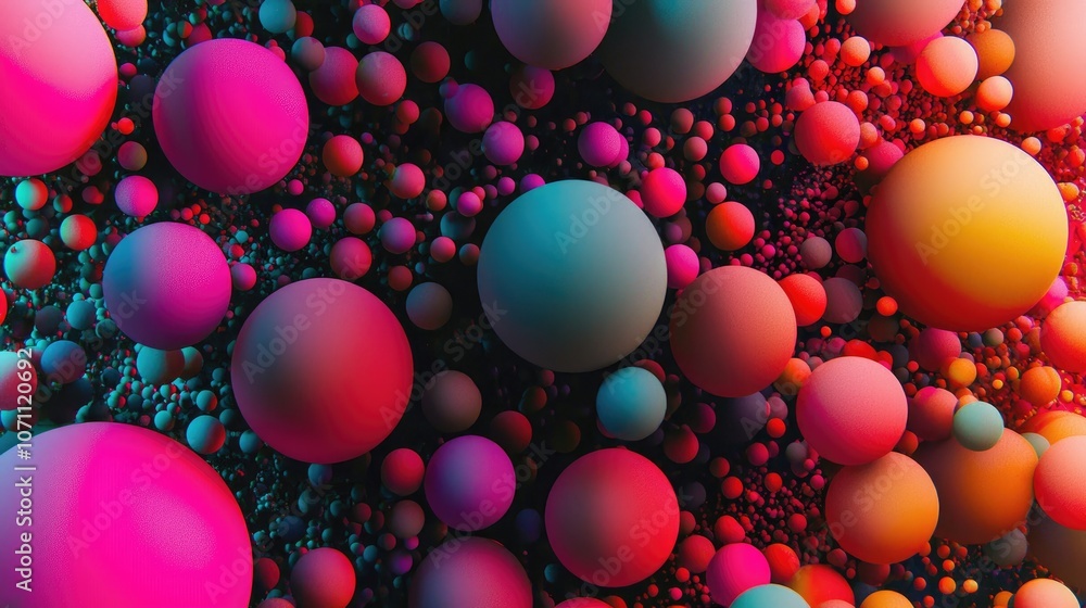 Poster a vibrant abstract background of colorful spheres in various sizes, creating a dynamic and visually 