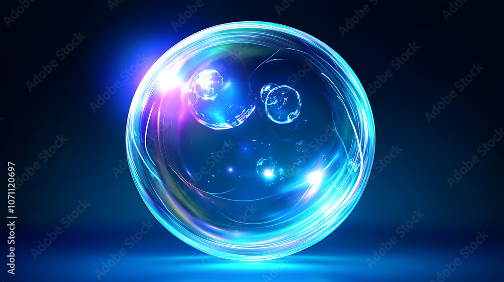 Poster an abstract glowing bubble shield element or template for text, isolated on a blue background with a