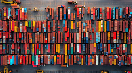 Fototapeta premium Aerial view of cargo containers stacked at the port, showcasing the complexity and scale of global trade