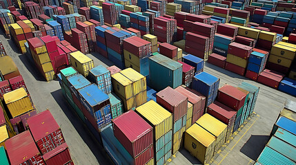 Fototapeta premium Aerial view of cargo containers stacked at the port, showcasing the complexity and scale of global trade