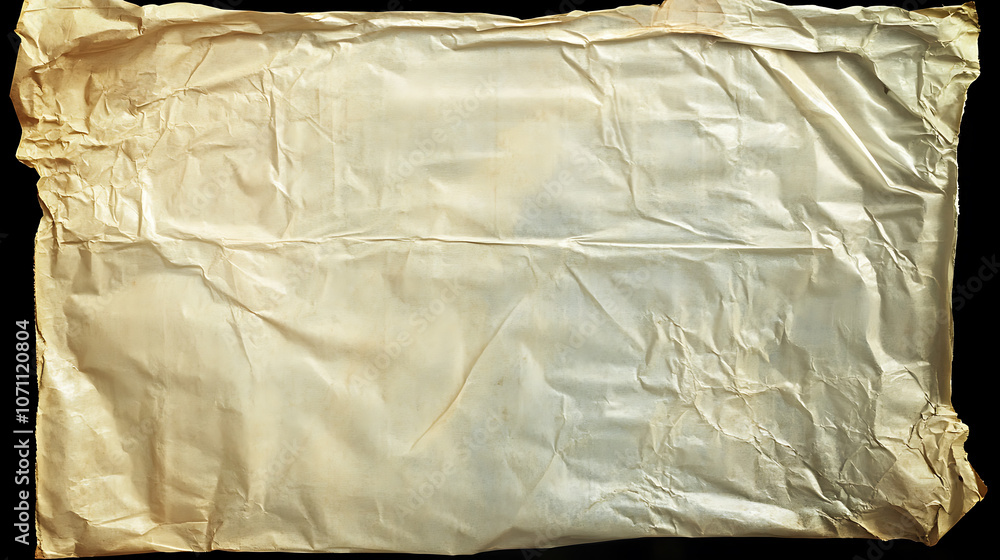 Poster An empty plastic bag displayed on an insulated background, featuring a texture overlay effect of an old album cover with defects and scuffs, Wrinkled, torn, and old packaging