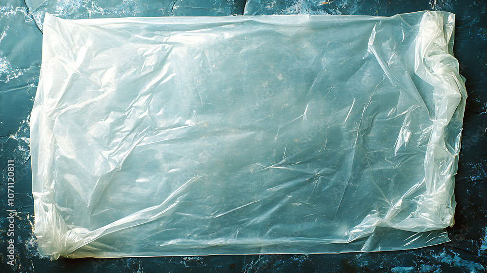 Aufkleber An empty plastic bag displayed on an insulated background, featuring a texture overlay effect of an old album cover with defects and scuffs, Wrinkled, torn, and old packaging