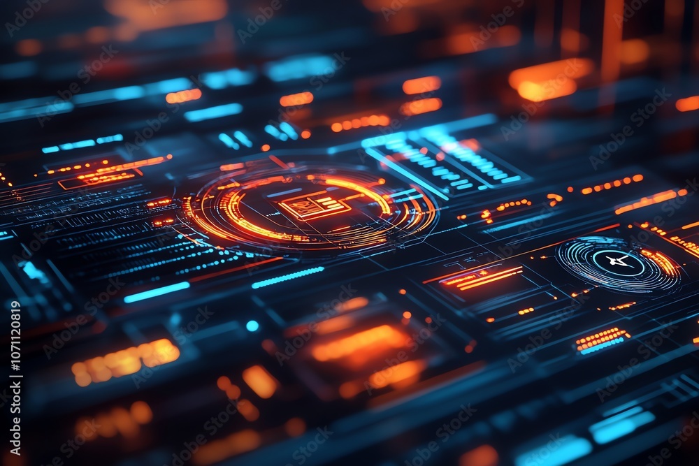Poster Abstract digital interface with glowing orange and blue lines and a circular element in the center.