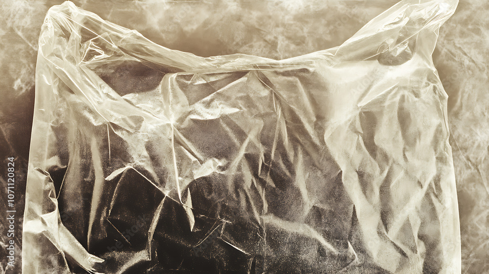 Aufkleber An empty plastic bag displayed on an insulated background, featuring a texture overlay effect of an old album cover with defects and scuffs, Wrinkled, torn, and old packaging