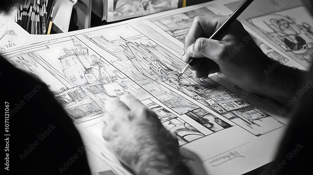 Poster artist drawing storyboard for an animation project with pencil sketches