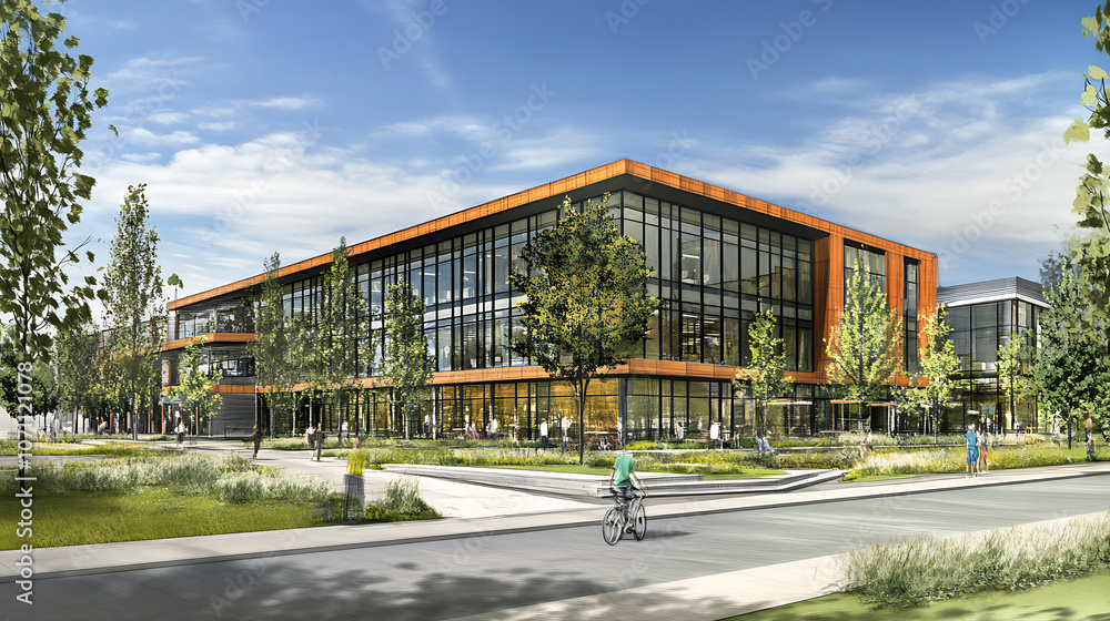 Poster architectural sketch of a modern, sustainable building featuring green spaces and eco-friendly desig