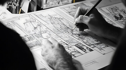 Artist drawing storyboard for an animation project with pencil sketches