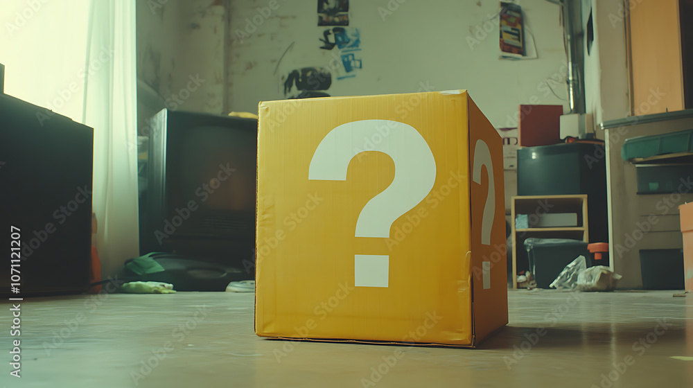 Poster An indoor still-life photo of a small yellow box with a large white question mark printed on each side, reminiscent of a graphic element from a well-known platform video game