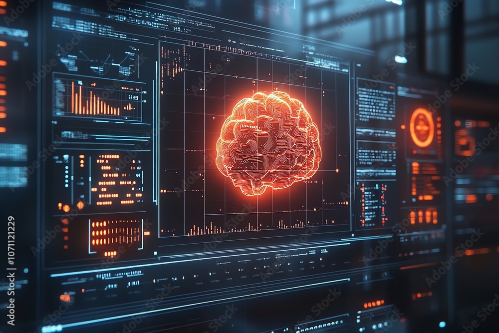 Poster A glowing red human brain is displayed on a futuristic digital monitor, surrounded by graphs and data.