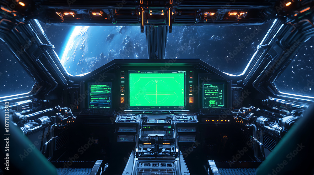 Poster Cockpit view from spaceship with futuristic interface and green screen