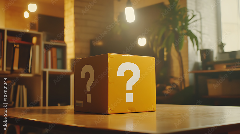 Poster An indoor still-life photo of a small yellow box with a large white question mark printed on each side, reminiscent of a graphic element from a well-known platform video game