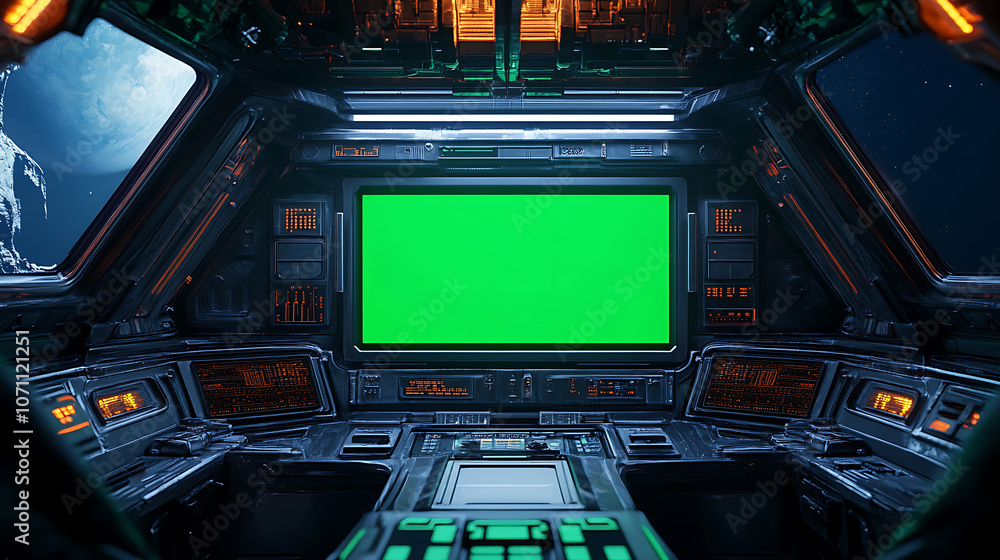 Poster Cockpit view from spaceship with futuristic interface and green screen