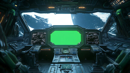 Fototapeta premium Cockpit view from spaceship with futuristic interface and green screen