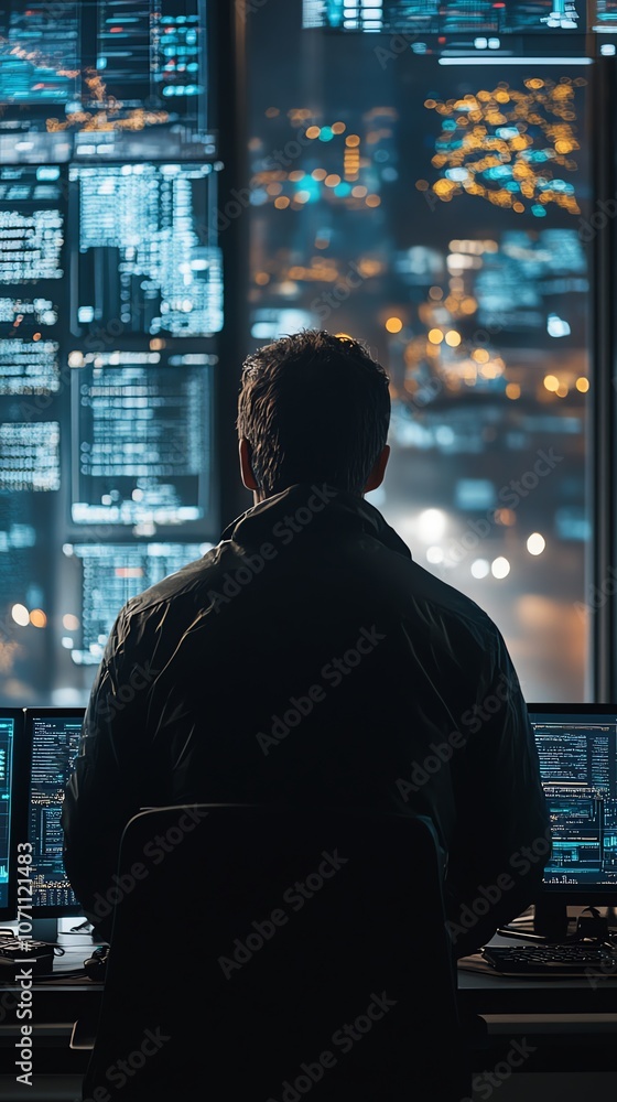 Leinwandbilder A man sits in front of multiple computer monitors in a dark room, looking out the window at a city lights.