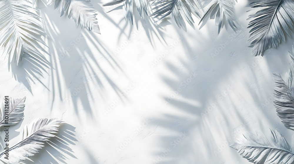 Poster grey shadow of natural palm leaf abstract background falling on white wall texture for background an