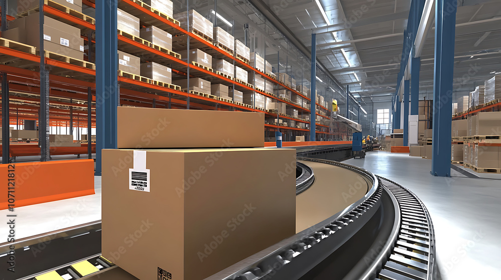 Aufkleber Boxes on a conveyor belt in an automated warehouse, symbolizing efficient logistics and streamlined operations