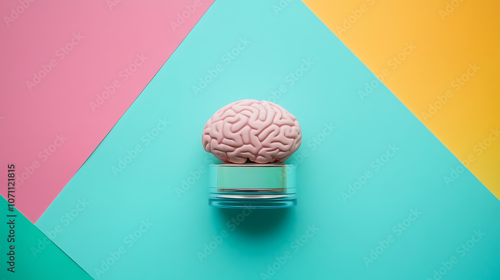 Aufkleber brain and cosmetic jar on colorful background, symbolizing the connection between mental health and 