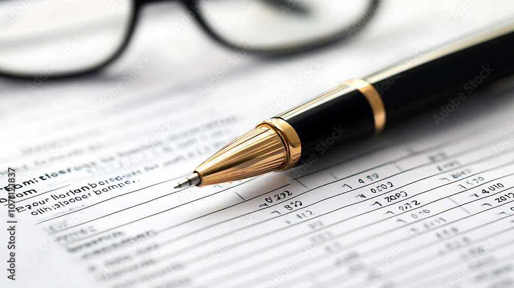 Poster expense report with pen and glasses on document
