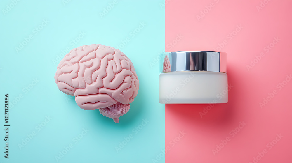 Aufkleber brain and cosmetic jar on colorful background, symbolizing the connection between mental health and 