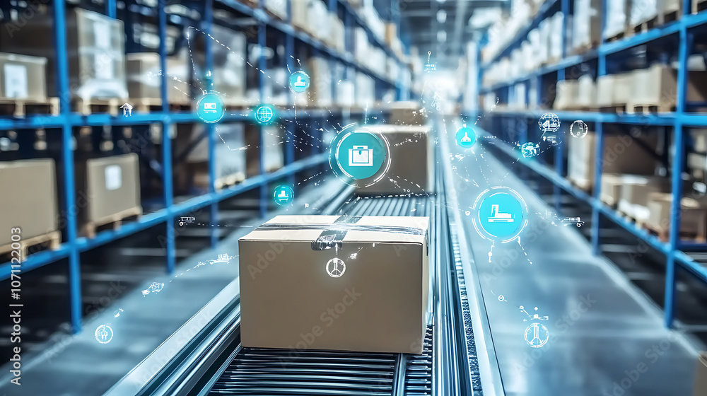 Poster Boxes on a conveyor belt in an automated warehouse, symbolizing efficient logistics and streamlined operations