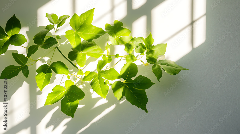 Poster leaves and window pane shadow overlay effect on white background, natural light, abstract image conc