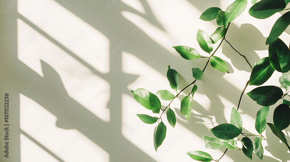 Aufkleber Leaves and window pane shadow overlay effect on white background, natural light, abstract image concept
