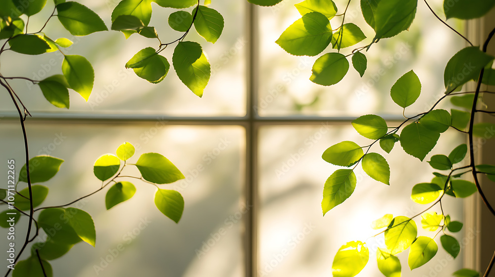 Poster leaves and window pane shadow overlay effect on white background, natural light, abstract image conc