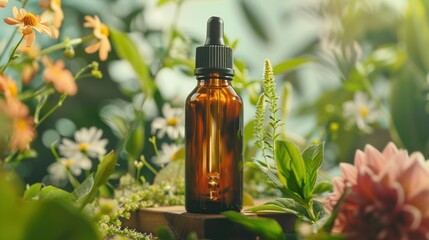 Brown drop bottle with natural green plants and flowers around it.