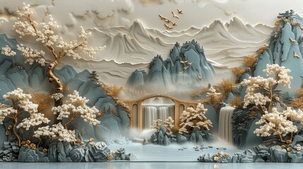 High Resolution Chinese Landscape Relief Wall with Golden Elements and Blue Waterfalls
