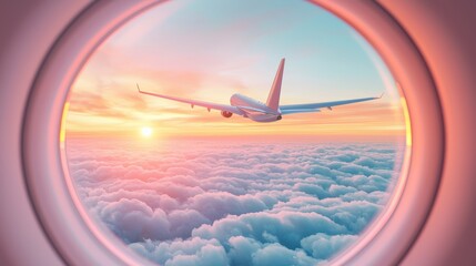 Sunrise above the clouds, casting a warm, golden glow on the fluffy white expanse, captured from an airplane window, creating a sense of awe and wonder.