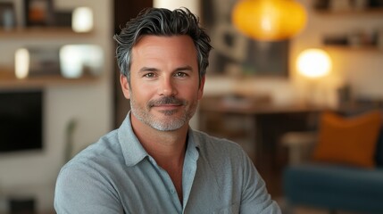 Obraz premium Confident Man in Modern Home Setting with Warm Lighting