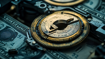 Close-up of a money printing press machine producing USA dollars, symbolizing inflation and economic impact, High-quality image capturing the essence of financial concepts