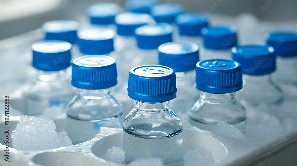 Poster glass vials with blue screw tops resting on dry ice, ready to be transported in a styrofoam containe