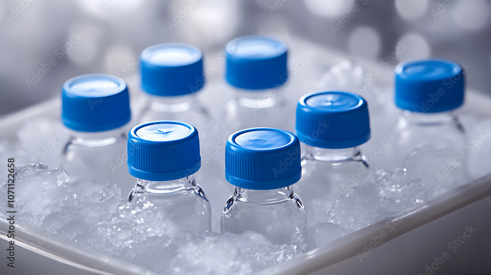 Poster glass vials with blue screw tops resting on dry ice, ready to be transported in a styrofoam containe