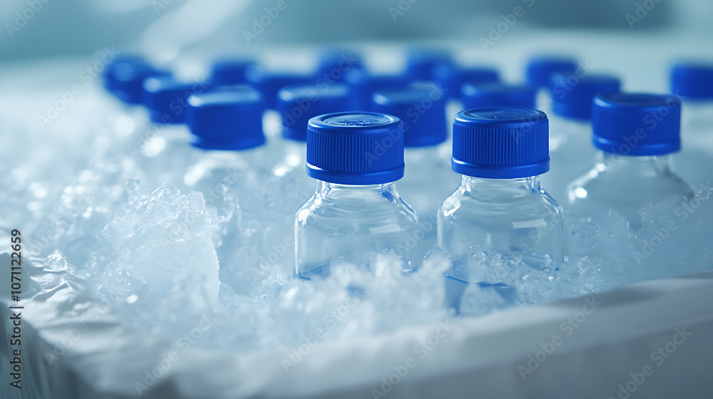Poster glass vials with blue screw tops resting on dry ice, ready to be transported in a styrofoam containe