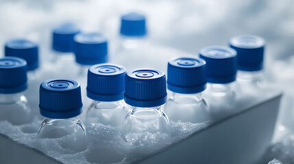Glass vials with blue screw tops resting on dry ice, ready to be transported in a styrofoam container that looks professional, Selected focus