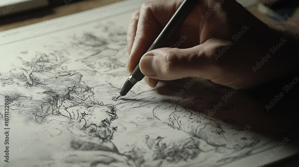 Poster close-up of a hand sketching a storyboard for a creative project