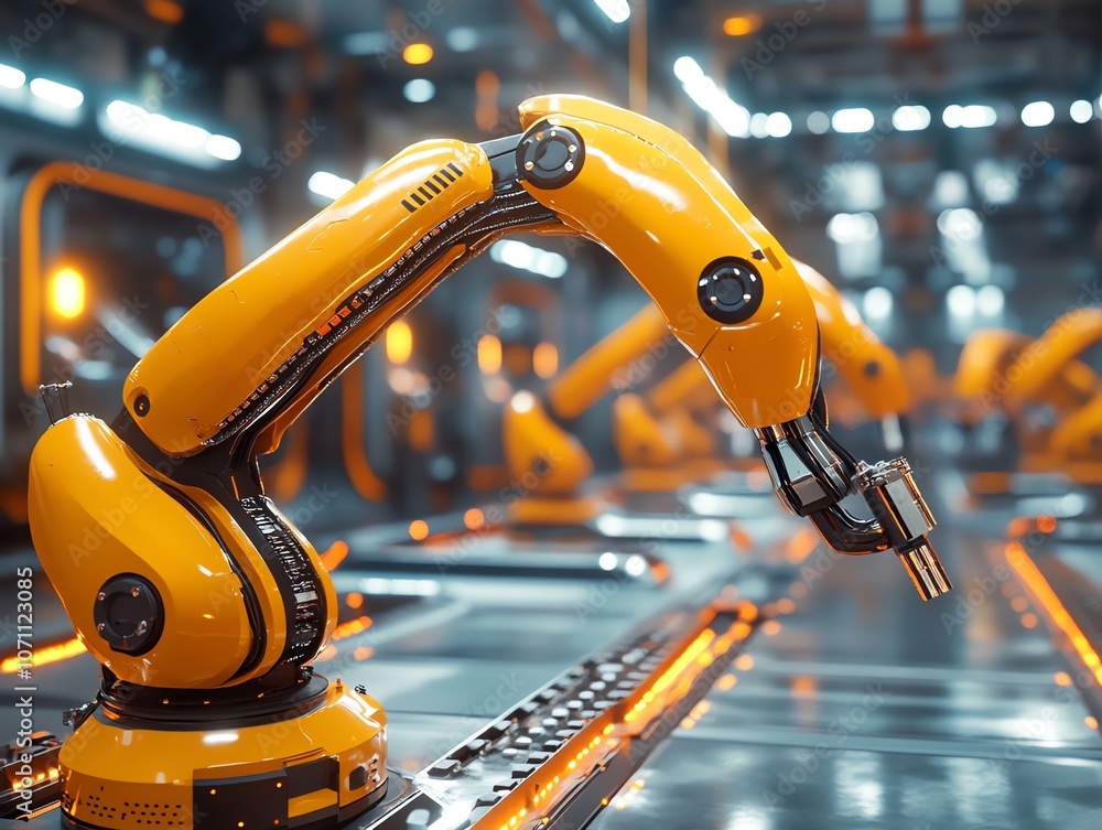 Poster close-up of a robotic arm in a futuristic factory setting, highlighting its yellow color, intricate 