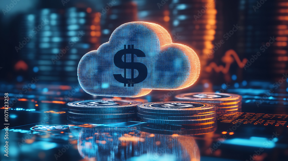 Poster cloud computing concept with a focus on growing money piles in the background, symbolizing financial