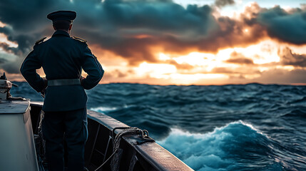 Fototapeta premium Coast Guard Officer on Patrol in Open Sea