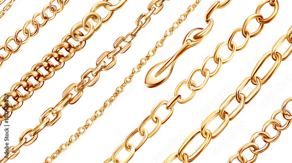 Poster collection of realistic vector illustrations of golden chains, with gold links displayed against a w