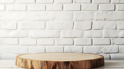 Kitchen table with an empty wooden pedestal in front of a white brick wall