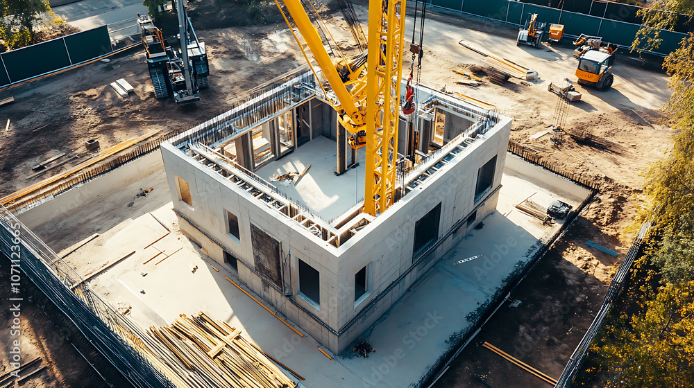 Poster construction site of a modern 3d printed house being built using innovative technologies