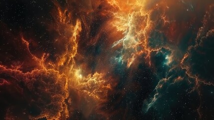 Fototapeta premium A vibrant nebula with swirling orange and blue gas clouds against a dark starry background.