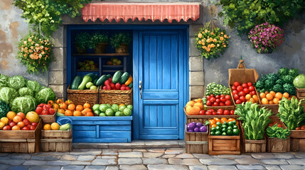 Colorful Produce Stand: A vibrant fruit and vegetable stand positioned in front of a charming blue door, celebrating fresh, healthy eating. Generative AI 